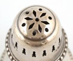 Ezüstözött alpakka porcukorszóró, jelzett, jó állapotban, m: 14,5 cm