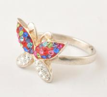 Ezüst(Ag) apró színes kövekkel díszített lepkés gyűrű, jelzett, bruttó: 3,9 g