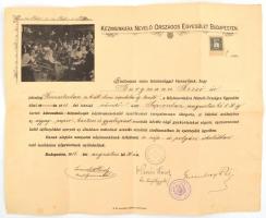 1908 Bp., A Kézimunkára Nevelő Országos Egyesület által kiállított oklevél tanfolyam elvégzéséről 1 korona okmánybélyeggel
