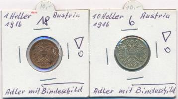 Ausztria 1916. 1h Br + 10h Cu-Ni-Zn Mindkettő pólyás osztrák címerrel! T:1-
Austria 1916. 1 Heller ...