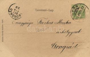 1902 Győr, Baross út, üzletek. Kiadja Rőszler Károly. Címeres szecessziós litho keret (EK)