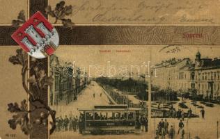 1901 Sopron, Deák tér, villamos. Blum. N. kiadása. Címeres szecessziós litho keret