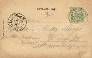 1901 Sopron, Deák tér, villamos. Blum. N. kiadása. Címeres szecessziós litho keret