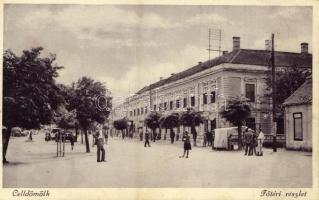 1933 Celldömölk, Fő tér, automobil. Kiadja Dinkgreve Nándor könyvnyomda (EK)