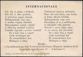 cca 1946 A Szociáldemokrata Párt Terézvárosi Szervezetének kártyanaptára az Internecionale szövegével