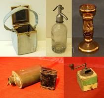 Vegyes bolhapiac tétel: 50-es évekbeli női táska, gombfocikészlet, katonai kulacs, tekerős kávédaráló, festett üveg váza, szikvizes üveg, század eleji keménykalap