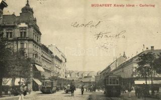 1906 Budapest V. Károly körút, villamos, Schwartz Simon üzlete, Duna Gyógyszertár, lovasrendőr (EK)