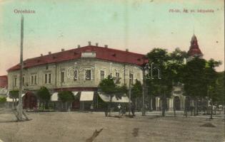 1913 Orosháza, Fő tér, Ágostai evangélikus bérpalota, Manheimer Ernő és társa úri és női divatáruháza, üzletek