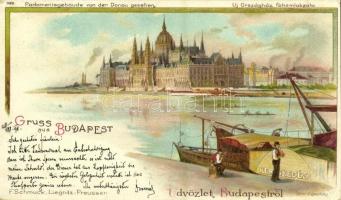 1898 Budapest V. Új országház főhomlokzata, pesti rakpart Kereskedés hajóval. F. Schmuck litho (EK)
