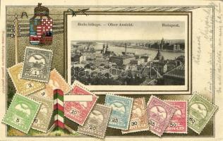 1905 Budapest I. Buda látképe. Címeres és magyar bélyeges díszes képeslap. Philatelie-Ansichtskarte litho (EB)
