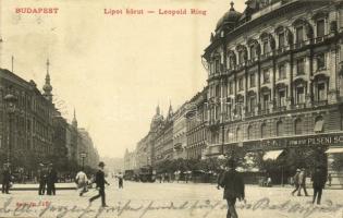 1904 Budapest XIII. Lipót körút (Szent István körút), Sturm József Vígszínház kávéháza és pilseni sörcsanoka, villamos (EK)
