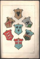 cca 1910-1915 7 db címereket tartalmazó litografált, színes táblák, (hiányos ismeretlen, könyv néhány lapja, 65-100. o.), 27x19 cm. Valamint egy újságkivágás rajta a közös címerrel (1915.).