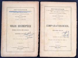 1873 Kruspér István 2 műve: A compartorokról.; A vonásos hosszmértékek összehasonlítása folyadékokban. Értekezések a Mathemat. Tudományokköréből. II. köt. II-III. sz. Bp., 1873, Eggeberger (Hoffmann és Molnár-ny.), 19 p.+ 1 t. +9 p. Papírkötésben, két lap szélein kis hiányokkal, az egyik sarkán a szöveget is érintő hiánnyal, (de a hiányzó rész a könyvben), az egyik utolsó lapján jegyzettel, kissé szakadt borítóval.