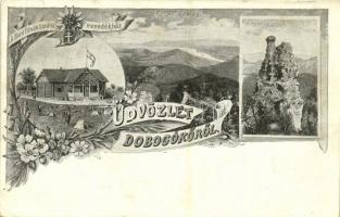 1907 Dobogókő (Pilisszentkereszt), Báró Eötvös Loránd menedékház, Thirring-szikla, északi kilátás. Art Nouveau, floral s: Feldbacher (EK)
