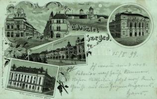1899 Szeged, Híd utca, Közúti híd, Városi színház, Széchenyi tér, M. kir. posta és távirda hivatal. Várnay L. kiadása, floral Art Nouveau litho (szakadás / tear)