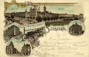1898 (Vorläufer!) Szeged, Széchenyi tér, Híd utca, városháza, MÁV palota, Városi színház, Közúti vashíd és rakpart. Art Nouveau, floral, litho (EK)