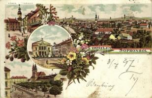 1897 (Vorläufer!) Sopron, Várostorony, színház, Széchenyi tér (gyűrődések / creases)