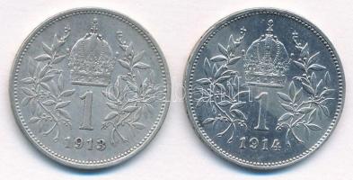 Ausztria 1913-1914. 1K Ag "Ferenc József" (2xklf) T:1-,2 Austria 1913-1914. 1 Corona Ag &q...