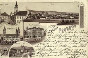 1899 (Vorläufer!) Pécs, Király utca, Takarékpénztár, Székesegyház, Széchenyi tér.Art Nouveau, floral, litho (kopott sarkak / worn corners)