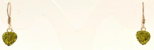 Ezüst(Ag) apró zöld kövekkel kirakott szívecskés fülbevalópár, jelzett, d: 0,6 cm, bruttó: 1,1 g