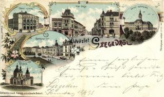 1898 Szeged, Városi színház, Széchenyi tér, Híd utca, Kálvária, Széképület, Városháza. Schwidernoch Károly Art Nouveau, floral, litho (vágott / cut)