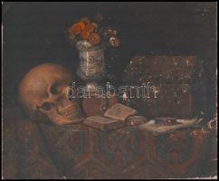 XIX. sz. vége: Jelzés nélkül: Csendélet koponyával, Olaj, karton, sérült. 28x34 cm