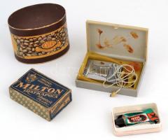 Kis retro, bolha tétel: 1959-es kávésdoboz, Milton iratkapocs, Medicor fülhallgató, gumibelső-javító