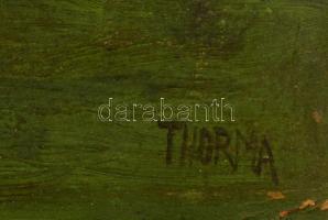 Thorma jelzéssel: Nő virágzó fánál. Olaj, karton hibás,foltos, 70×49 cm