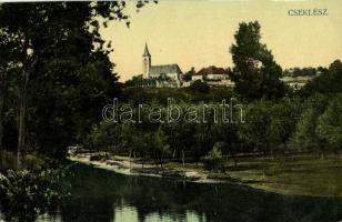 1911 Cseklész, Ceklís, Bernolákovo; látkép, templom, folyópart / general view with church and riverbank