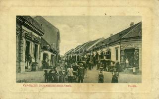 Dunaszerdahely, Dunajská Streda; Piac tér, üzletek, M. kir. Dohány nagy és kis áruda, árusok. W. L. Bp. 2110. Kiadja Haar Henrik / square, tobacco shop, market vendors (fl)