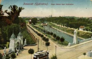 1916 Temesvár, Timisoara; Gyárváros, Béga részlet liget bejárattal, villamos, híd / Fabric, Bega riverside, tram, bridge, park entrance (EB)