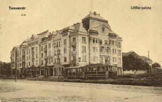1915 Temesvár, Timisoara; Löffler palota, villamos, Duna biztosító, üzletek. Kiadja Polatsek / tenement palace, tram, insurance company, shops