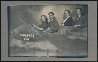 1936 Műtermi, repülő makettes fotó, rajta Budapest 1936 felirattal, fotó kartonon, körbevágott, 5x8 cm