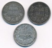 1895KB 1K Ag + 1915KB 1K Ag "Ferenc József" + 1927. 1P Ag T:2,2- patina