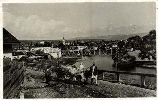 Maroshévíz, Oláhtoplica, Toplita, Toplica; látkép, ökrös szekér / general view, road, ox cart (apró lyuk / tiny pinhole)