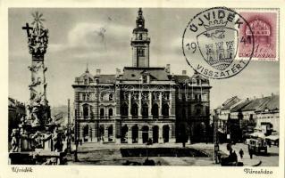 Újvidék, Novi Sad; Városháza, Szentháromság szobor, villamos / town hall, Trinity statue, tram + 1941 Újvidék visszatért So. Stpl