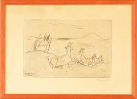 Borsos Miklós (1906-1990): Pásztor. Rézkarc, papír, jelzett, üvegezett keretben, 19×29 cm