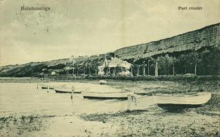 1918 Balatonaliga (Balatonvilágos), balaton part részlet, csónakok a kikötőben, sziklafal