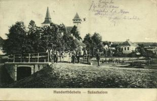 1917 Százhalom, Szászhalom, Hundertbücheln, Hondrubechi, Movile; Szász evangélikus erődtemplom, híd / Lutheran fortified church, bridge (EK)