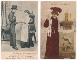 22 db RÉGI újévi üdvözlő motívum képeslap / 22 pre-1945 New Year greeting motive postcards