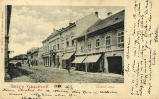 1900 Szászváros, Broos, Orastie; Vásártér utca, üzletek. Kiadja Schuller A. / street view, shops (fa)