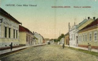 1923 Szászváros, Broos, Orastie; Calea Mihai Viteazul / Országút, üzlet. Szászvárosi Könyvnyomda kiadása / Landstrasse / street view, shop