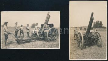 cca 19230-1940 Katonák ágyúval, 2 db fotó, 5,5×8 cm