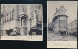 1908 Pozsony, utcarészletek, 2 db fotó, 10,5×7 és 8×9,5 cm / Bratislava, 2 photos