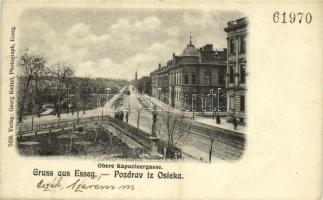 Eszék, Esseg, Osijek; Obere Kapuzinergasse / utcakép télen, lóvasút. Kiadja Georg Knittel 5456. / street view in winter, horse-drawn tram