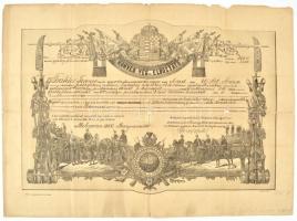 1886 Debrecen, gyalogos és III. o. puskaműves díszes végelbocsájtó levele, m. kir. 3. honvéd gyalog féldandár, a féldandár parancsnoka, Becsey Antal ezredes aláírásával, szakadt, hajtásnyomokkal, 35x48 cm