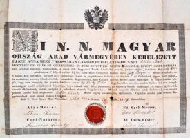 1839 Arad vármegyei Újszentanna díszes asztalos mesteri céhlevele, kétfejű sasos-koronás magyar kisc...