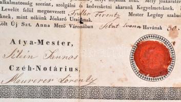 1839 Arad vármegyei Újszentanna díszes asztalos mesteri céhlevele, kétfejű sasos-koronás magyar kisc...