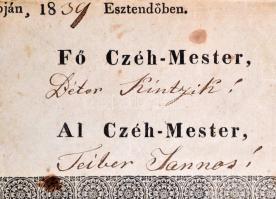 1839 Arad vármegyei Újszentanna díszes asztalos mesteri céhlevele, kétfejű sasos-koronás magyar kisc...