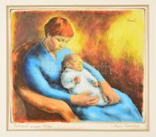 Kiss Terézia (1928- ): Pihenő anya. Színezett rézkarc (XII/XX), papír, jelzett, paszpartuban, 17×20,5 cm